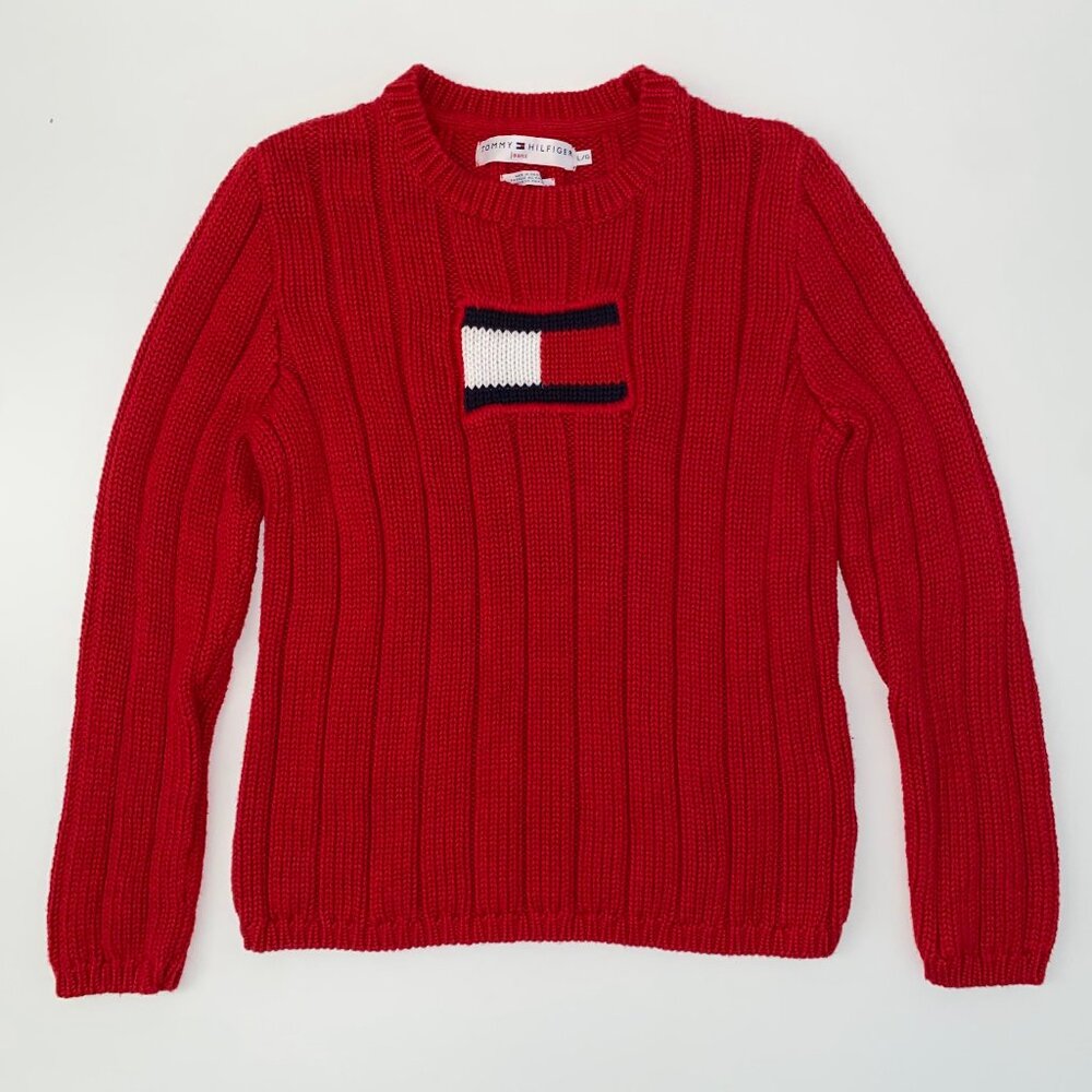 Tommy Hilfiger 2001 00s Vintage Heavy Knit Sweater Flag Logo Red Womens Large